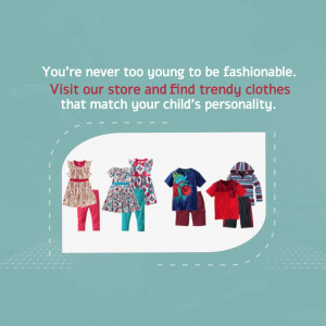 A collection of trendy clothes for children, including dresses, t-shirts, and pants, displayed on a teal background with promotional text.