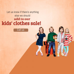 Kids wearing stylish clothes with a sale announcement.