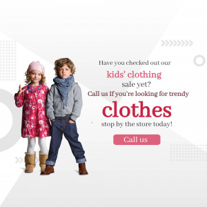 Two children modeling kids' clothing with a sale advertisement.