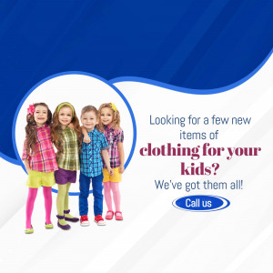 Four smiling children wearing colorful clothes with a promotional text about kids clothing.