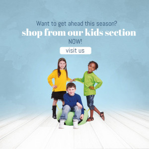 Three smiling children modeling kids clothing with a call to action to shop the kids section.
