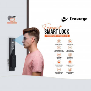 Man using Secureye fingerprint smart lock with built-in camera for security access.