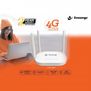 A woman using a laptop with a Secureye 4G router in the foreground.