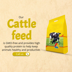 Yellow bag of cattle feed with a cow and calf image