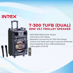 Intex T-300 TUFB (Dual) 60W V5.1 Trolley Speaker with remote and microphones