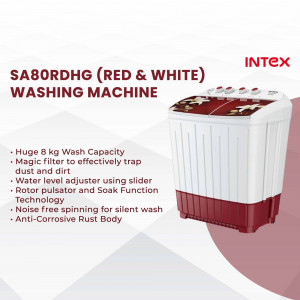 Red and white Intex washing machine with 8 kg capacity