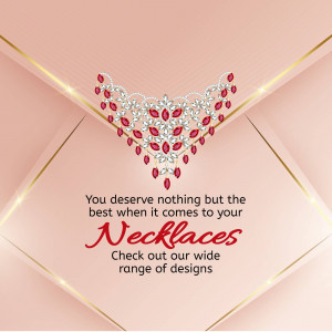 Close-up of a stunning red ruby and diamond necklace on a pink and gold background.