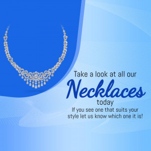 Close-up of a sparkling diamond necklace on a blue background with promotional text.