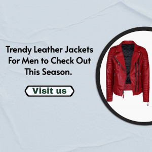 Red leather jacket for men with a call to action to visit the website