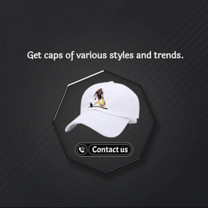 White baseball cap with a colorful embroidered design, displayed on a dark background with a contact button.