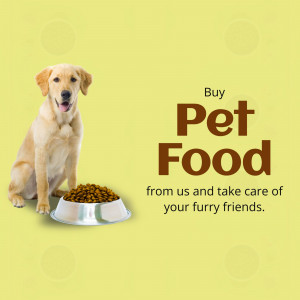 Golden Retriever sitting next to a bowl of pet food with text 'Buy Pet Food'