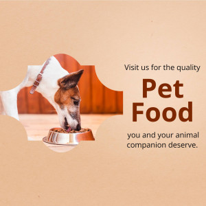 A dog eating from a bowl with text promoting pet food.