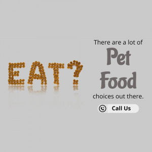 Image displaying the words 'EAT?' formed from pet food kibble, with the text 'Pet Food choices out there.' and a call to action.