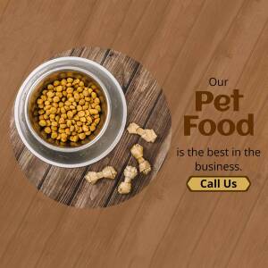 Bowl of dry pet food with bones on a wooden surface and promotional text.