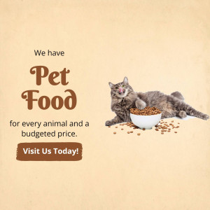 A cat relaxing next to a bowl of pet food with text promoting pet food availability.