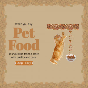 Orange tabby cat reaching for pet food with text promoting quality pet food purchases.