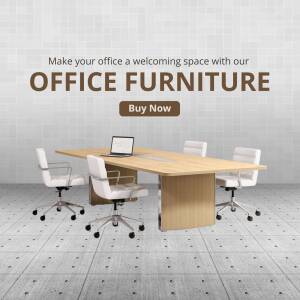 Image of a modern office setup with a large wooden conference table and white office chairs.