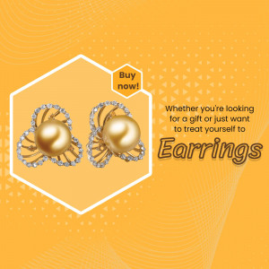 Close-up of gold and pearl earrings on a yellow background with a 'Buy Now' banner.