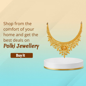 Gold Polki Jewellery necklace on a white pedestal with a promotional banner