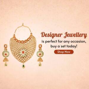 Gold jewellery set with earrings and necklace on a peach background with a 'Shop Now' button.