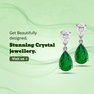 Close-up of elegant green and white crystal earrings on a light green background with promotional text.