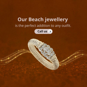 Gold and diamond bracelet on a brown background with text 'Our Beach jewellery is the perfect addition to any outfit.'