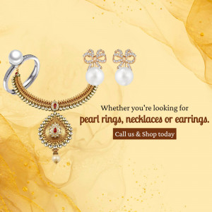 Close-up of pearl rings, necklaces, and earrings on a gold background with a call to action.