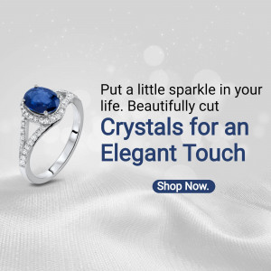 Close-up of a sapphire and diamond ring on a silk background with promotional text.