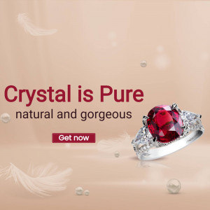Close-up of a ruby and diamond ring with the text 'Crystal is Pure'