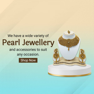 Pearl jewellery set on a white mannequin with a gold and beige background