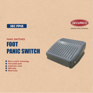 Close-up of a gray Securico foot-operated panic switch with text details.
