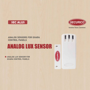 Securico Analog Lux Sensor with magnetic contact, white plastic casing, and red logo.