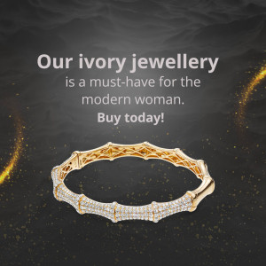 Gold and diamond bracelet on a dark background with promotional text.