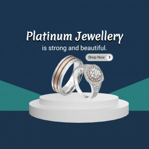 Platinum rings displayed on a white pedestal with text 'Platinum Jewellery is strong and beautiful.'