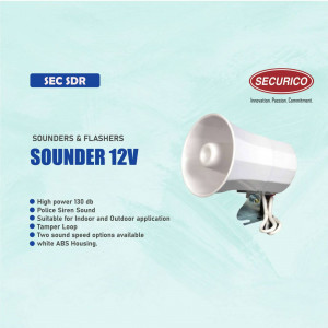 White Securico 12V sounder and flasher with a siren, suitable for indoor and outdoor use.