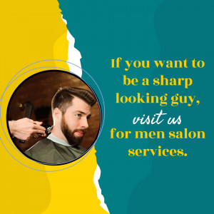 A man getting a haircut at a men's salon, with promotional text.