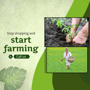 Image of hands planting a seedling and a woman in a field, promoting farming.
