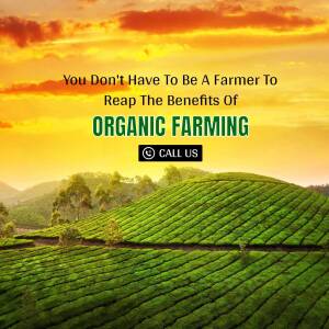 Scenic view of green fields with a sunset and text promoting organic farming.