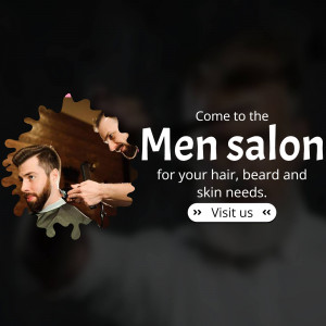 Advertisement for a men's salon offering hair, beard, and skin services.