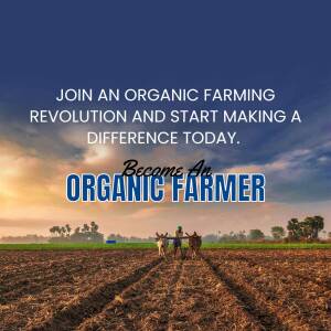 Image of a farmer plowing a field with oxen, promoting organic farming.