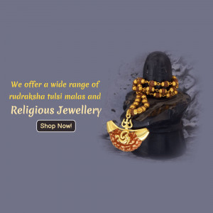 Image of a Rudraksha Tulsi mala draped over a Shiva Lingam with text promoting religious jewellery.