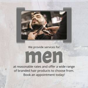 A barber shaving a man's beard with a straight razor, advertising men's grooming services.