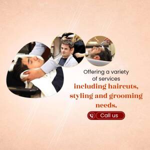 Collage of men getting haircuts and grooming services at a barber shop