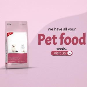 Close-up of a pink pet food bag with a cat and dog illustration.