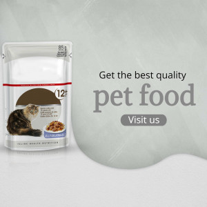 Close-up of a cat food pouch with a cat image and text promoting quality pet food.