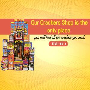 A colorful display of firecrackers with text advertising a crackers shop.