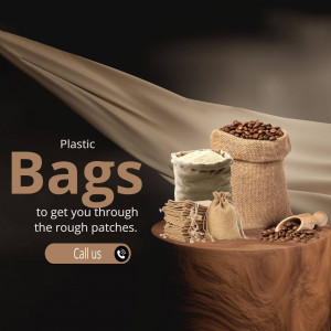 Image of coffee beans in burlap sacks with plastic bags advertising