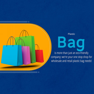 Colorful plastic shopping bags with the text 'Bag' and information about a wholesale and retail plastic bag company.