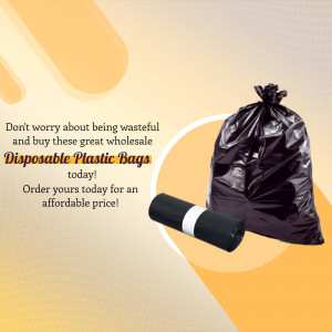 Image of black disposable plastic bags with text promoting wholesale purchase.