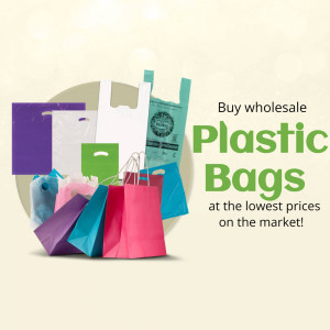 Stack of colorful plastic bags with text advertising wholesale plastic bags at low prices.